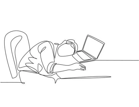 Single continuous line drawing of young sleepy male worker fall asleep Illustrazione stock