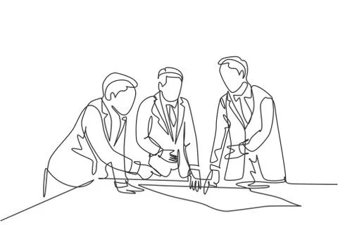 Single continuous line drawing of young workers talking seriously Illustrazione stock