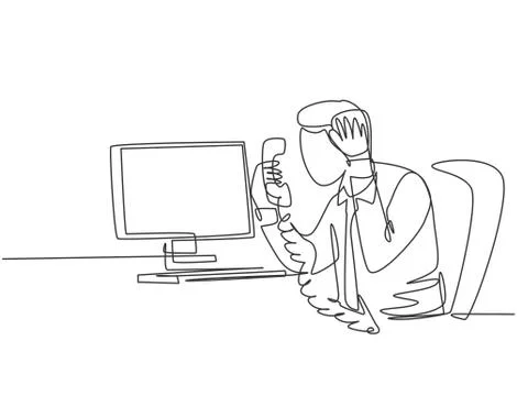Single continuous line drawing of young angry worker mad at phone call Stock-Illustration
