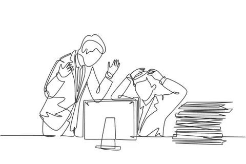 Single continuous line drawing of young furious manager blaming his staff Illustrazione stock
