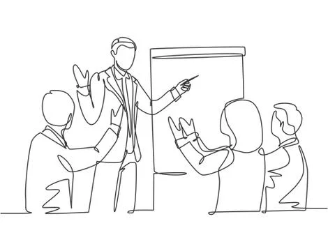 Single continuous line drawing of young happy business trainer presenting Illustrazione stock