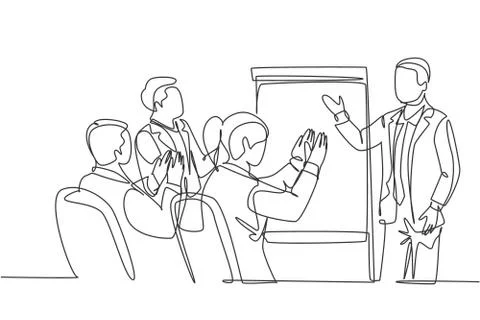 Single continuous line drawing of young happy startup founder presenting Stock Illustration