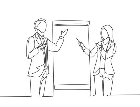 Single continuous line drawing of young happy male and female business coach Stock Illustration