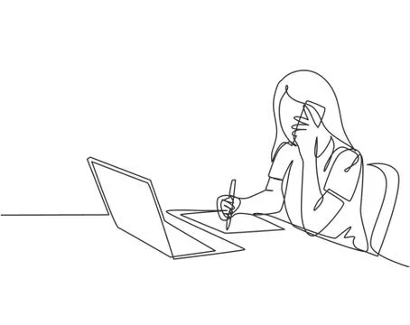 Single continuous line drawing of young businesswoman writing on a paper Illustrazione stock