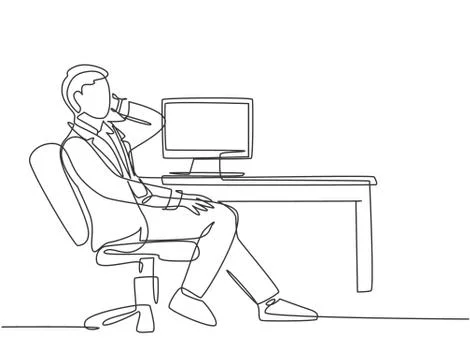 Single continuous line drawing of young male director sitting on work chair Illustrazione stock