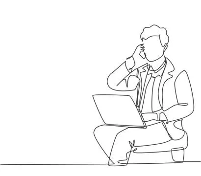 Single continuous line drawing of young manager sitting and typing on laptop Stock Illustration