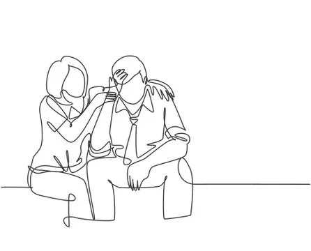 Single continuous line drawing of young female worker hugging and cheering Stock-Illustration