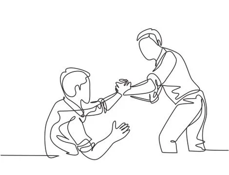 Single continuous line drawing of young businessman help to pull out friend Stock Illustration