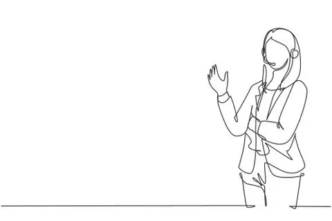 Single continuous line drawing of young happy female motivator poses neatly Stock Illustration