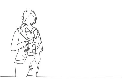 Single continuous line drawing of young happy female trainer speak in seminar Stock Illustration