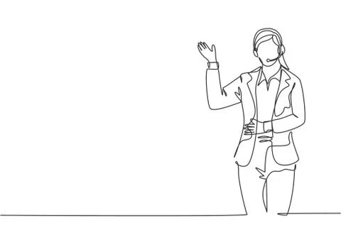 Single continuous line drawing of young happy female consultant giving speech Stock Illustration