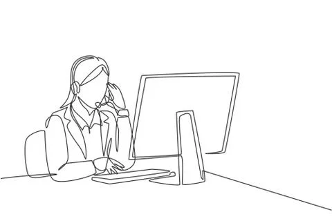 Single continuous line drawing of young happy female call center worker Stock-Illustration