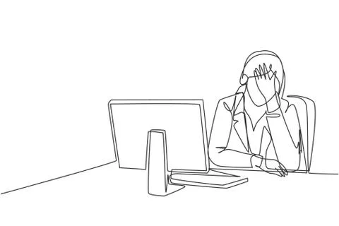 Single continuous line drawing of young bored and tired female call center Stock Illustration
