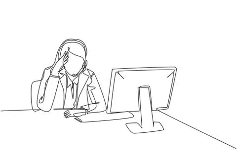 Single continuous line drawing of young confused female customer service work Stock Illustration