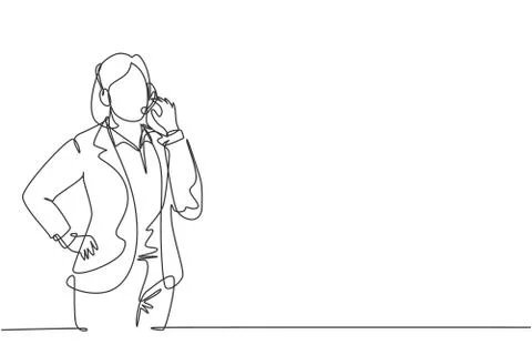 Single continuous line drawing of young happy female customer service worker Stock-Illustration