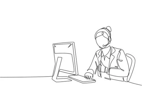 Single continuous line drawing of young happy female call center worker Stock Illustration