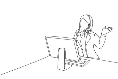 Single continuous line drawing of young confused call center worker Stock Illustration
