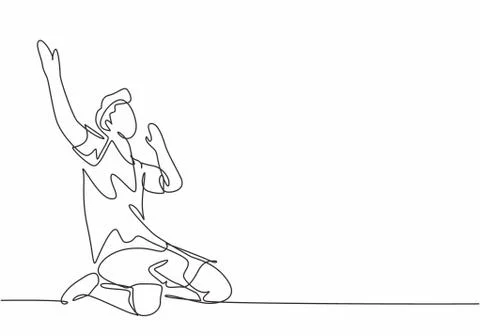 Single continuous line drawing of young sporty soccer player raises his hands Stock Illustration