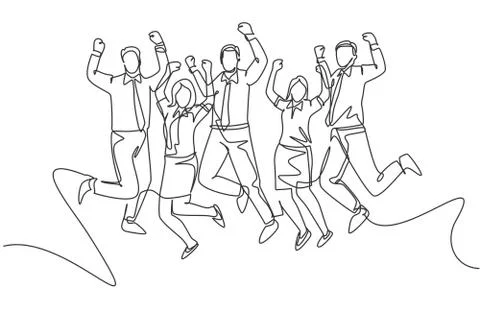 Single continuous line drawing of young happy male and female workers jumping Illustrazione stock