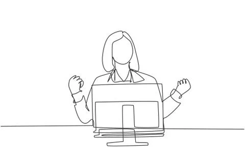 Single continuous line drawing of young happy female worker celebrating Stock Illustration