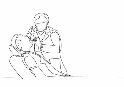 Single continuous line drawing of young male dentist examining patient teeth Stock-Illustration