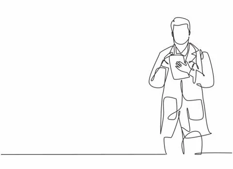 Single continuous line drawing of young male doctor thinking right medicine Illustrazione stock