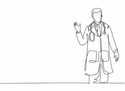Single continuous line drawing of young happy male doctor giving warm welcome Stock Illustration