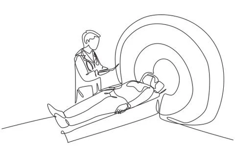 Single continuous line drawing of young male doctor do MRI procedure Illustrazione stock