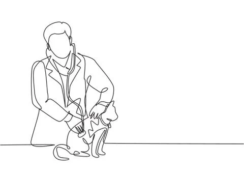 Single continuous line drawing of young male veterinarian examining Illustrazione stock