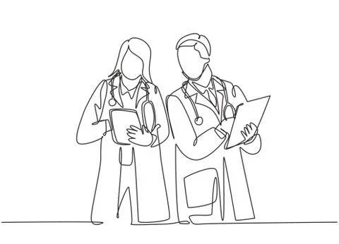 Single continuous line drawing of young couple male female doctors standing Stock Illustration
