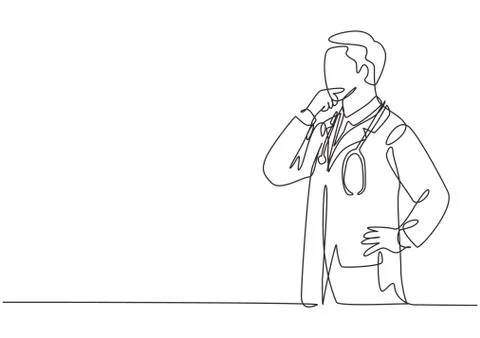 Single continuous line drawing of young smart male doctor pensive thinking Illustrazione stock