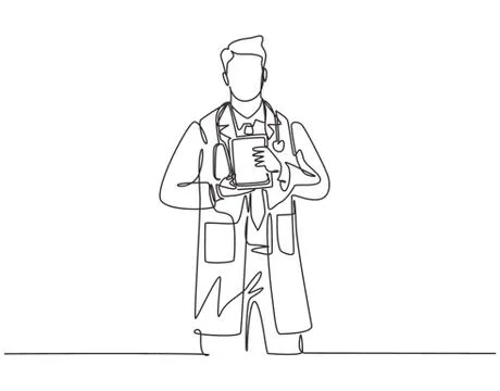 Single continuous line drawing of young smart male doctor showing award Illustrazione stock