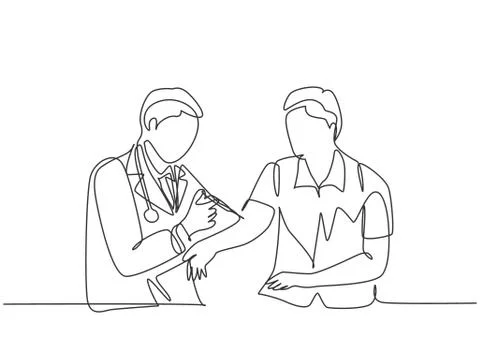 Single continuous line drawing of young male doctor giving vaccine injection Illustrazione stock