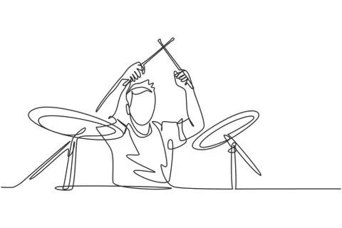 Single continuous line drawing of young happy male drummer performing Stock Illustration