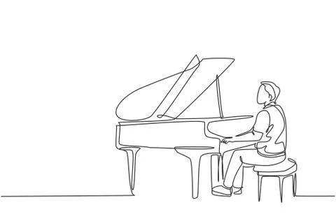 Single continuous line drawing of young happy male pianist playing piano Illustrazione stock