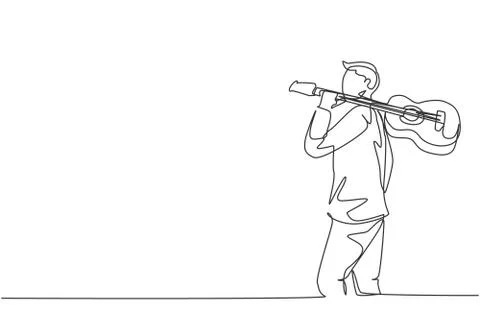 Single continuous line drawing of young happy male guitarist walking Illustrazione stock