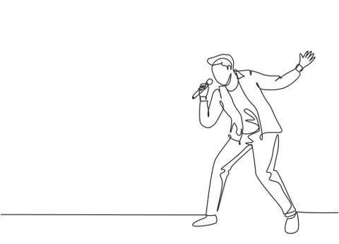 Single continuous line drawing of young happy male pop singer holding mic Stock Illustration