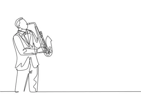 Single continuous line drawing of young happy male saxophonist Stock-Illustration