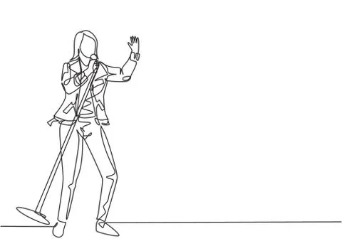 Single continuous line drawing of young happy lady rocker singer singing 스톡 일러스트