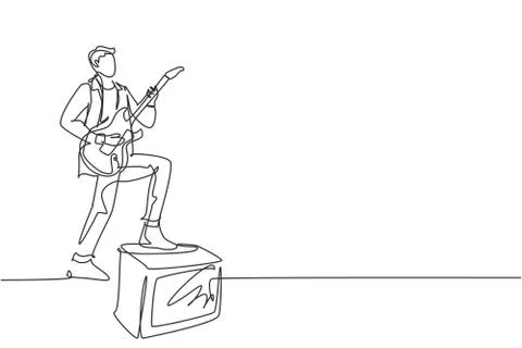 Single continuous line drawing young male guitarist playing electric guitar Stock-Illustration