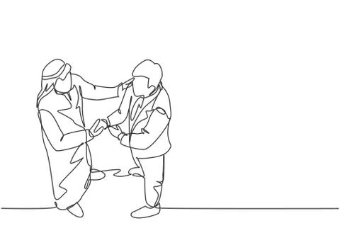 Single continuous line drawing of young muslim business owner shake hands Illustrazione stock