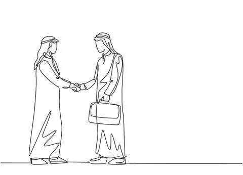 Single continuous line drawing of young muslim business man shake hand Stock-Illustration