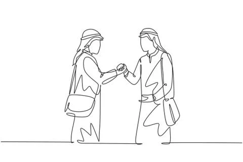 Single continuous line drawing of young muslim hook their hands together Stock Illustration