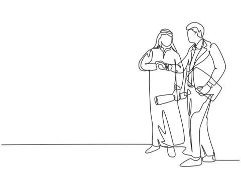 Single continuous line drawing of young muslim businessman handshake Stock Illustration