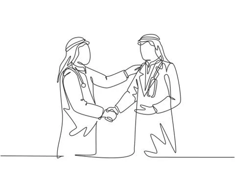 Single continuous line drawing of young muslim businessman handshake Stock Illustration