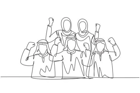 Single continuous line drawing of young muslim sales team celebrate Stock Illustration