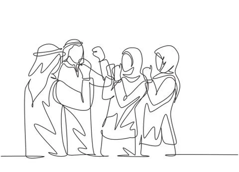 Single continuous line drawing of young muslim business people celebrate Illustrazione stock