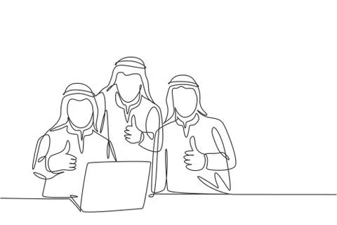Single continuous line drawing of young muslim team manager give thumbs up Illustrazione stock