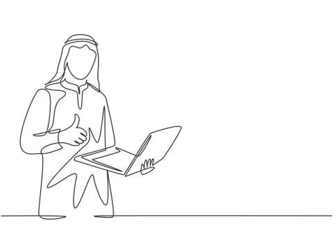 Single continuous line drawing of young muslim businessman holding laptop Illustrazione stock