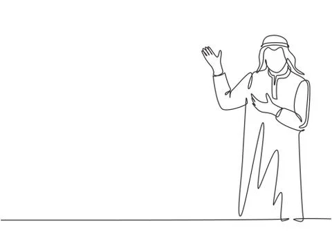 Single continuous line drawing young muslim businessman giving presentation Illustrazione stock